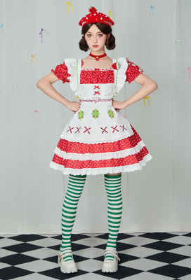 [Officially Licensed] Strawberry Shortcake × Micotaku Women Dress Set with Beret and Apron Strawberry Shortcake Cosplay Costume - Women L