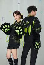 Micotaku Dragon Paw Hoodie Black and Green Zip Up Hoodie Daily Wear - L/XL