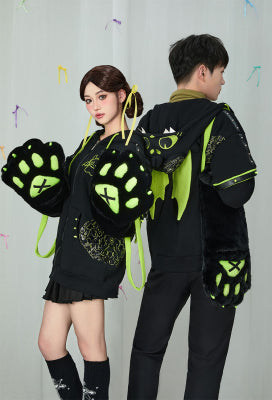 Micotaku Dragon Paw Hoodie Black and Green Zip Up Hoodie Daily Wear - L/XL
